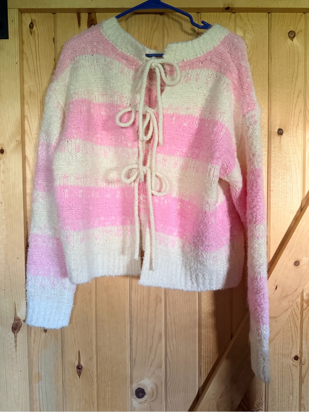 NWT Altar’d State Pink & Ivory Fuzzy Stripe Tie-Back Sweater | Size Large